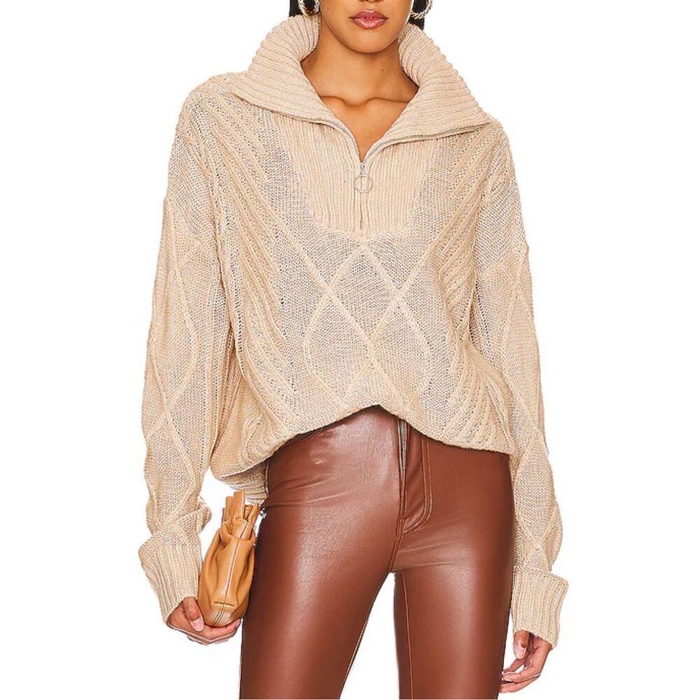 NWT SNDYS Jax Knit Cable Knit 1/4 Zip Up Cropped Cream Top Sweater Women’s L